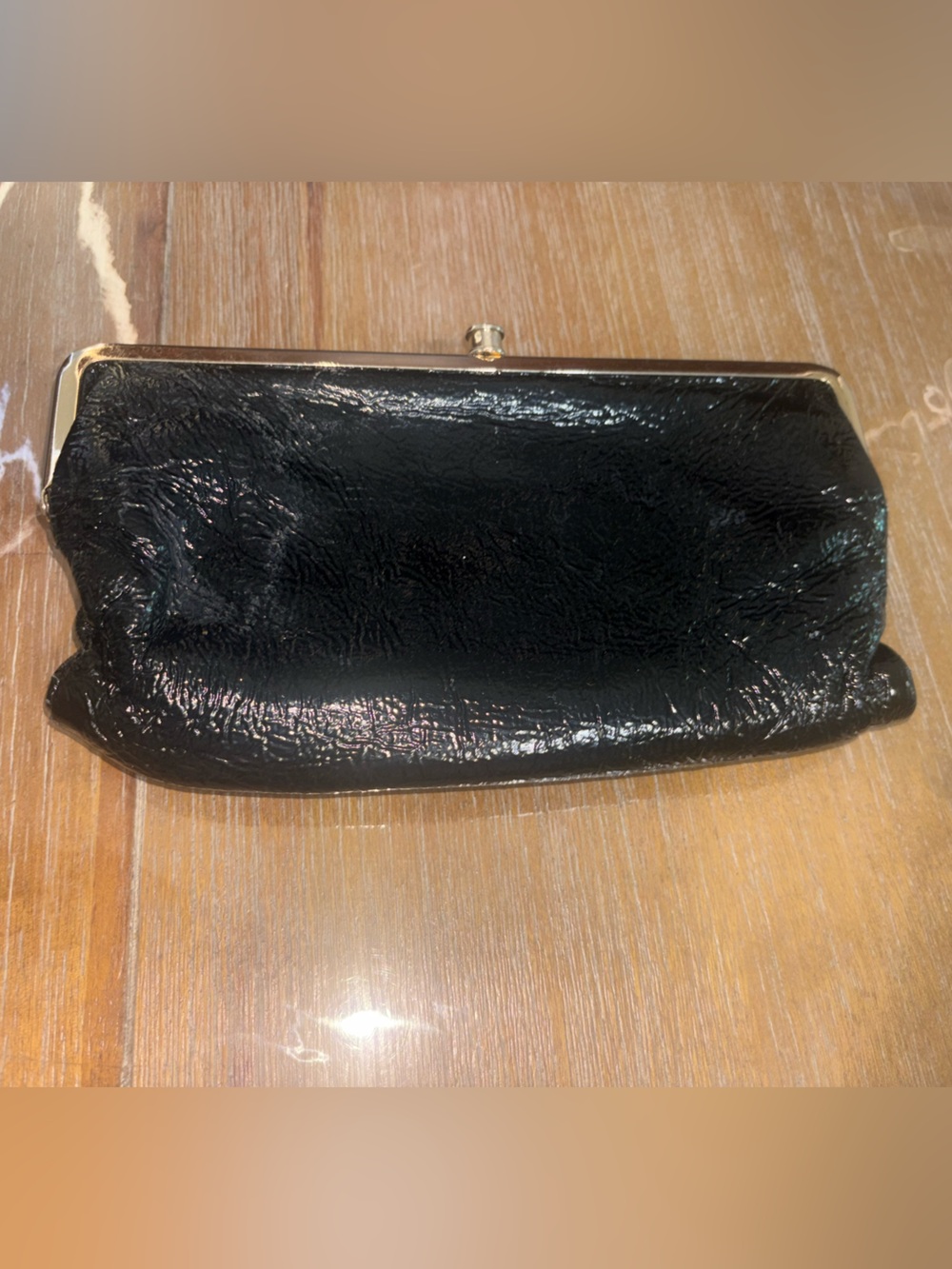 HOBO Lauren Black Crinkle Patent Leather Double-Frame Wallet Clutch Purse
